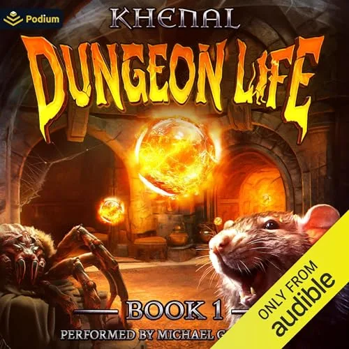Audible cover of Dungeon Life book 1: a rat with a glowing crystal in front of a fiery dungeon doorway