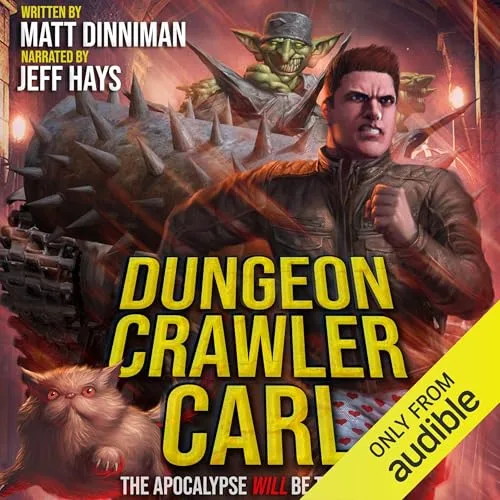 Audible cover of Dungeon Crawler Carl book one, a man in a leather jacket with a cat and goblins behind him