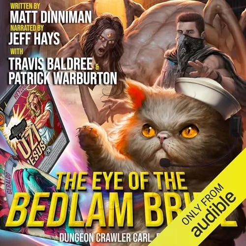 Audible cover of The Eye of the Bedlam Bride, book six, with a cat in a sailor hat