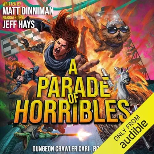 Audible cover of A Parade of Horribles, book eight, a shouting woman and a cat in sunglasses and a tiara over an explosion