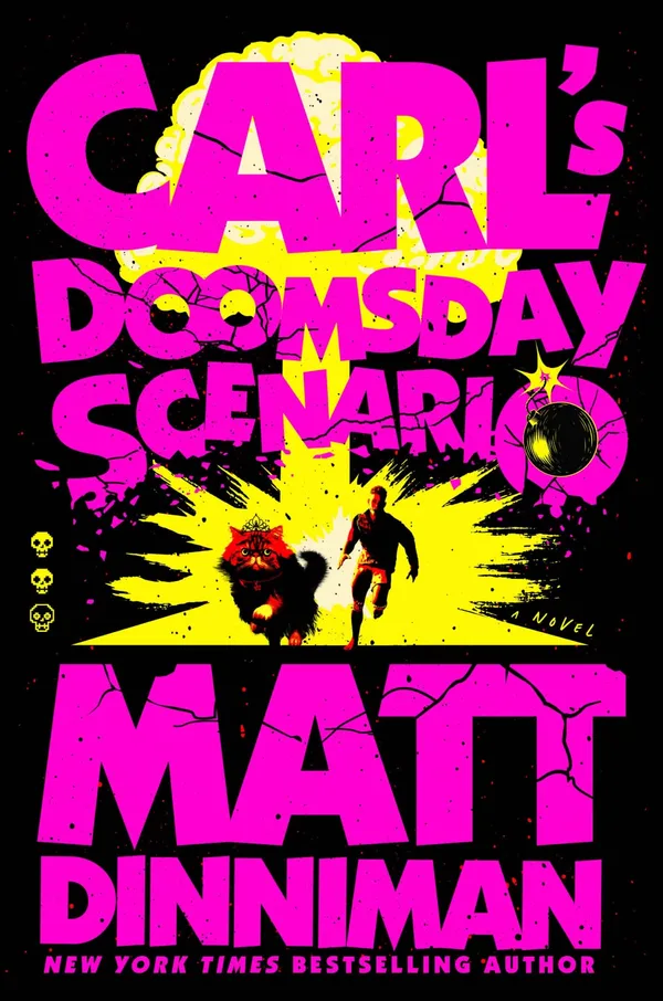 Ace cover of Carl's Doomsday Scenario, book two, pink lettering over a figure running from an explosion