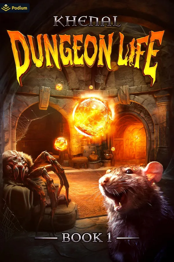 Kindle cover of Dungeon Life book 1 by Khenal: a rat in the foreground of a stone dungeon with a glowing orange crystal and a spider