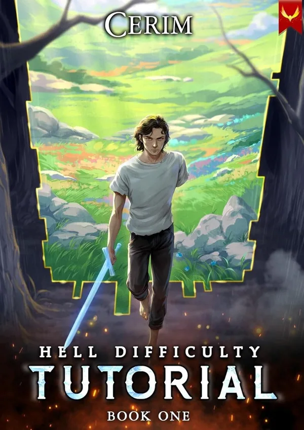 Aethon Books cover of Hell Difficulty Tutorial book one: a young man with a glowing sword walking out of a jagged frame into a green valley