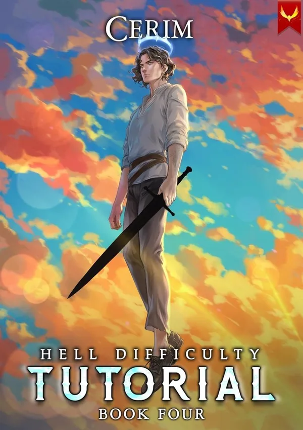 Aethon Books cover of Hell Difficulty Tutorial book four: the main character with a dark sword floating against an orange and blue sky
