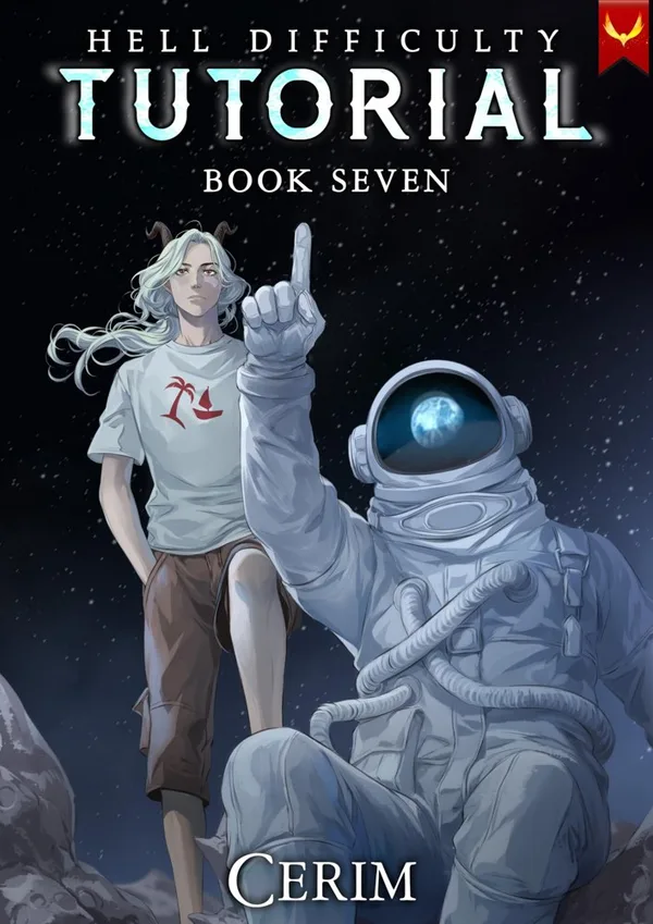 Aethon Books cover of Hell Difficulty Tutorial book seven: a horned, white-haired character beside an astronaut pointing upward on a rocky surface