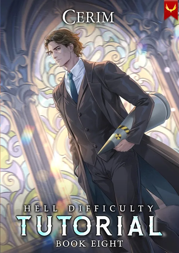 Aethon Books cover of Hell Difficulty Tutorial book eight: the main character in a dark suit holding a paper scroll in a hall of stained glass