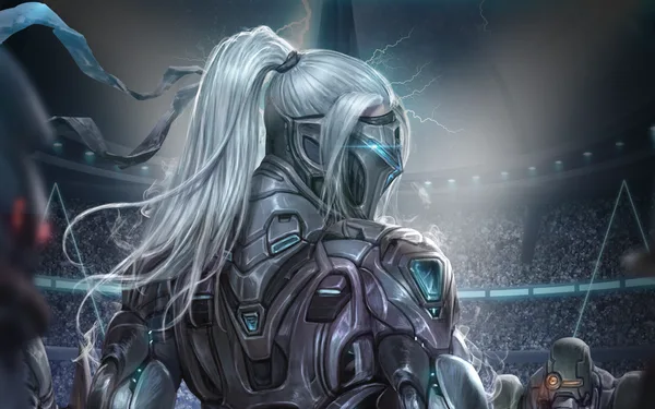 Warformed series art from the Wraithmarked Creative store: the Fire and Song cover painting without the title, an armored figure with long white hair in a stadium