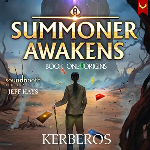 Audible cover of A Summoner Awakens: Origins by Kerberos: a figure with a staff on a dusty plain with floating cards, Jeff Hays named
