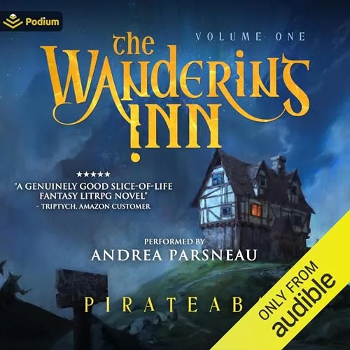 Audible cover of The Wandering Inn volume one: a crooked two-story inn with a lit window on a hill under a night sky