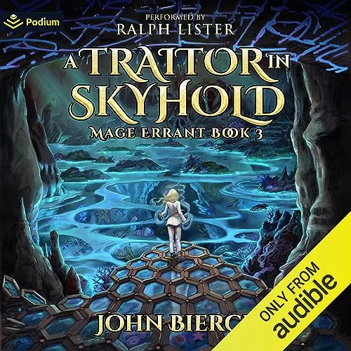 Audible cover of A Traitor in Skyhold, Mage Errant book 3: a small figure stands on hexagonal stones above glowing blue water in a cavern
