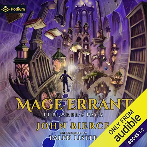 Audible cover of Mage Errant: Publisher's Pack, books 1 and 2: a boy walks through a purple library with floating books and shelves