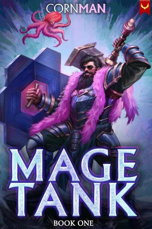 Aethon cover of Mage Tank book one: a bearded man in sunglasses and a pink fur coat raises a hammer behind a huge hexagon shield