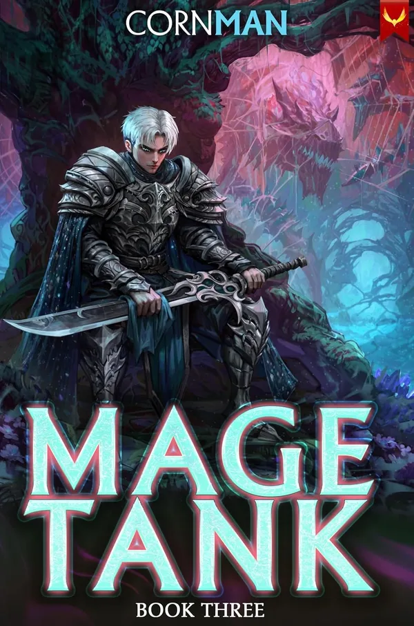 Aethon cover of Mage Tank book three: a white-haired knight in black armor sits with a curved sword in a pink and teal forest