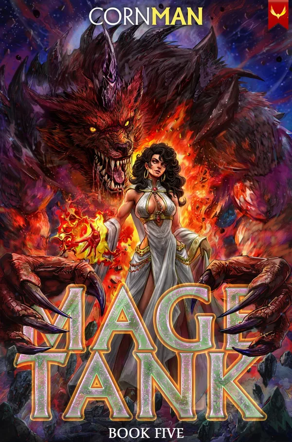Aethon cover of Mage Tank book five: a woman in a white gown holds fire in one hand in front of a huge snarling wolf
