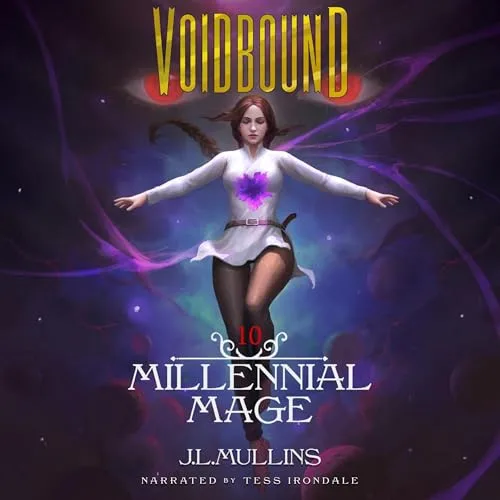 Audible cover of Voidbound, Millennial Mage book 10: a woman in a white tunic floating with arms spread and a purple glowing mark on her chest