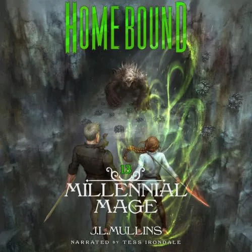 Audible cover of Homebound, Millennial Mage book 13: two figures seen from behind face a spiked shadowy creature in a misty cave with green glowing energy