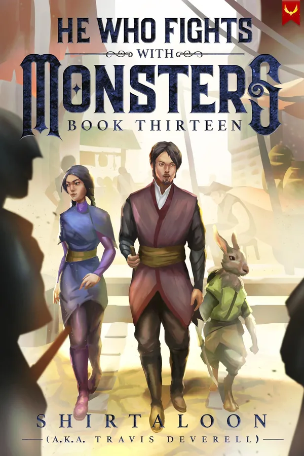 Cover of He Who Fights with Monsters book thirteen, the main cast walking forward with a rabbit companion