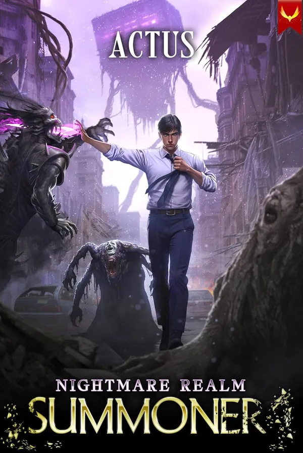 Aethon cover of Nightmare Realm Summoner book 1 by Actus: a man in a white shirt and loose tie stands in a purple-lit ruined street between a clawed creature and a pale ghoul