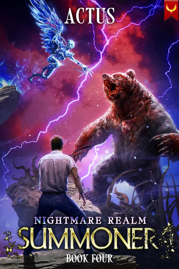Aethon cover of Nightmare Realm Summoner book 4: a man in a light shirt faces a huge bloodied bear under a red and purple sky, with a winged armored figure above