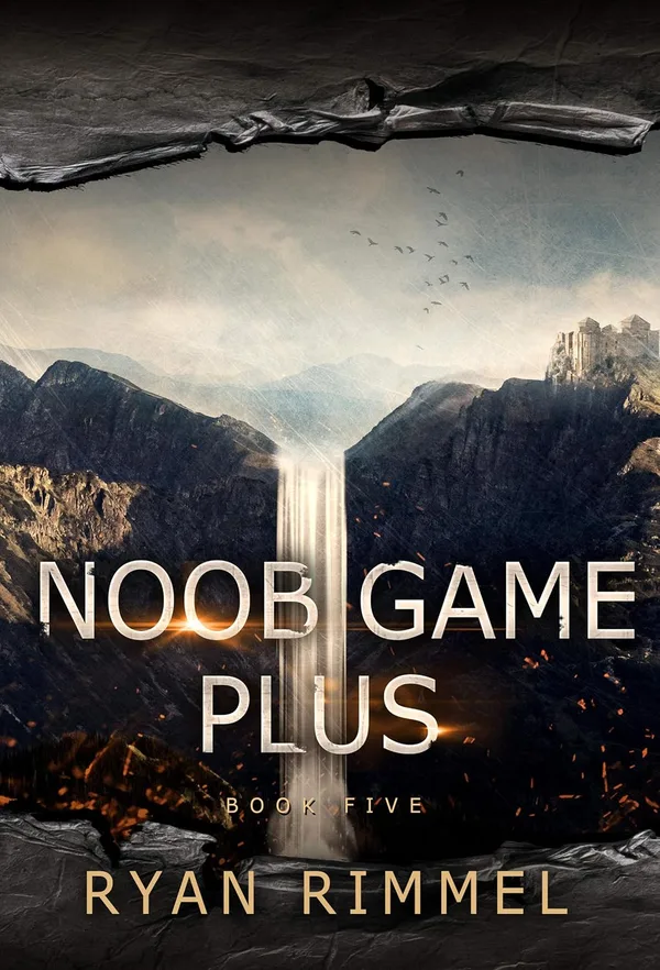Kindle cover of Noobtown book 5, Noob Game Plus: a waterfall between dark mountains with a ruined castle on a cliff