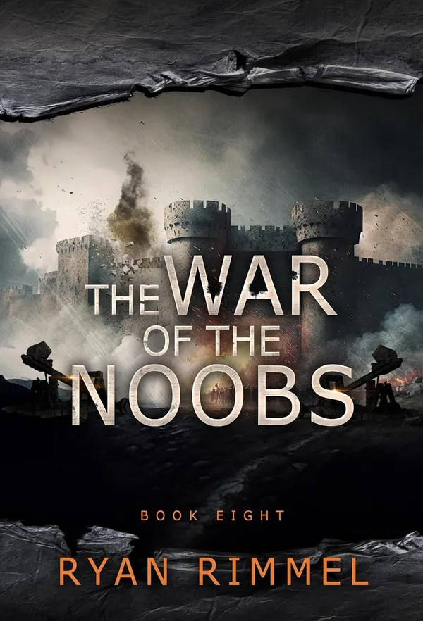 Kindle cover of Noobtown book 8, The War of the Noobs: a stone castle under bombardment with catapults in the foreground