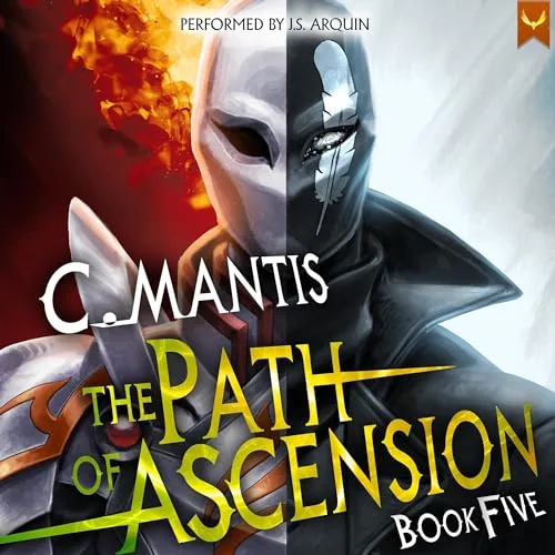 Audible cover of The Path of Ascension book five: a figure in a half-white, half-black mask with fire behind one side