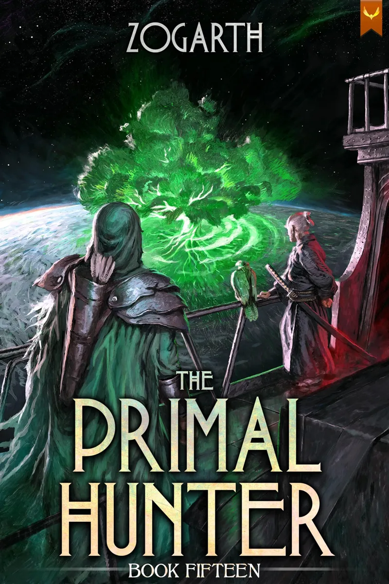 Aethon Books cover of The Primal Hunter book fifteen: two hooded figures on a balcony face a glowing green tree above a planet