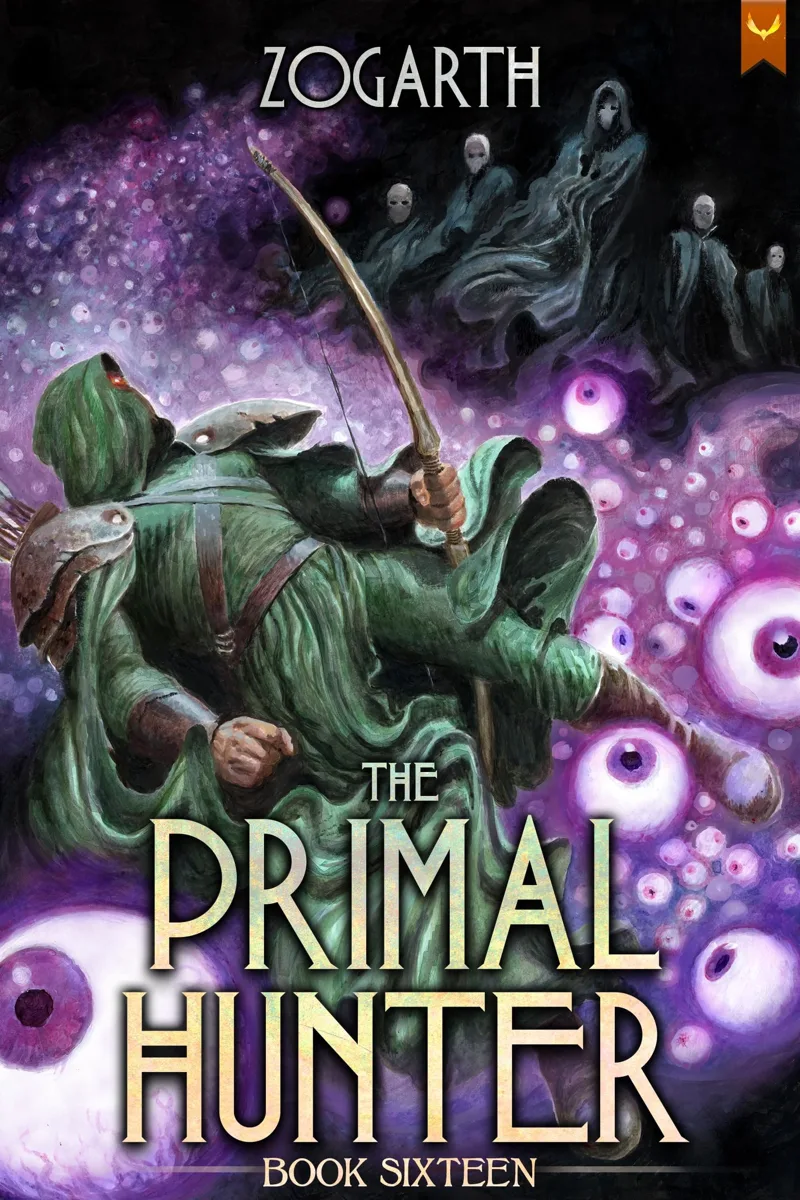 Aethon Books cover of The Primal Hunter book sixteen: a green-hooded archer falls among giant purple eyeballs while robed figures watch from above