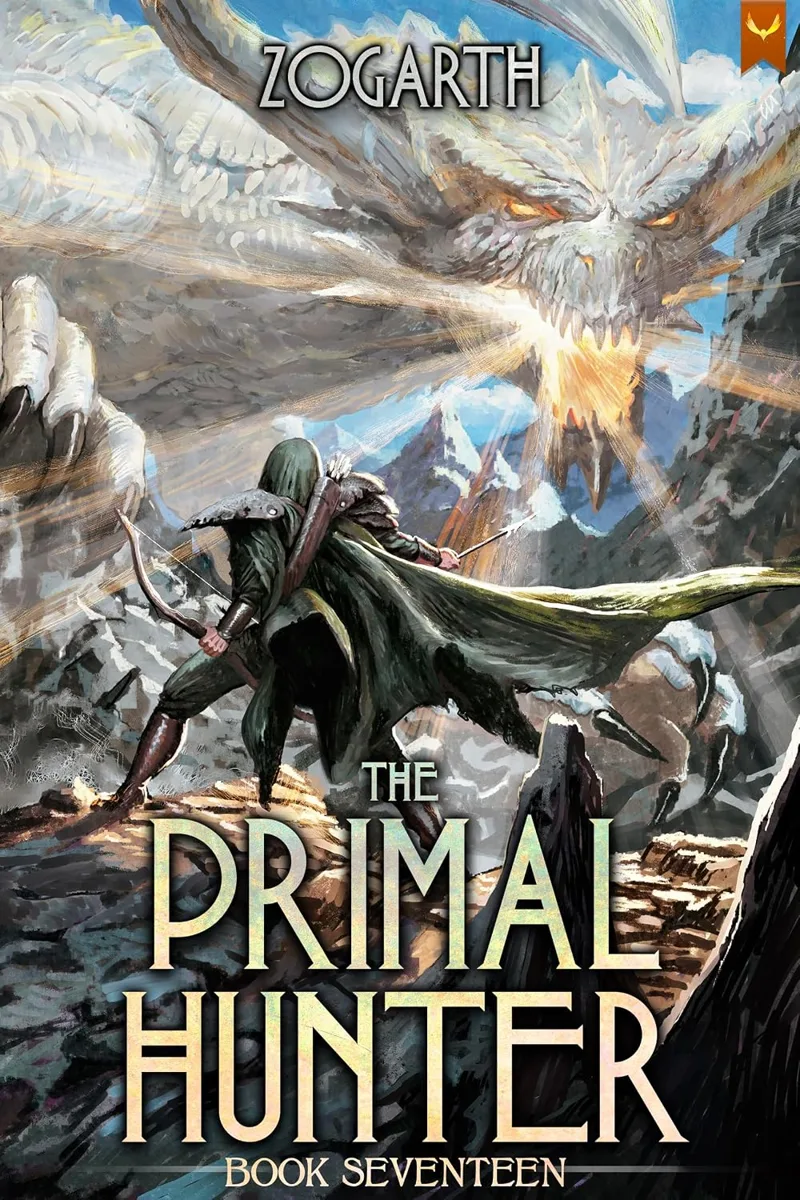 Amazon Kindle pre-order cover of The Primal Hunter book seventeen: a hooded archer on a rocky ridge faces a huge white dragon