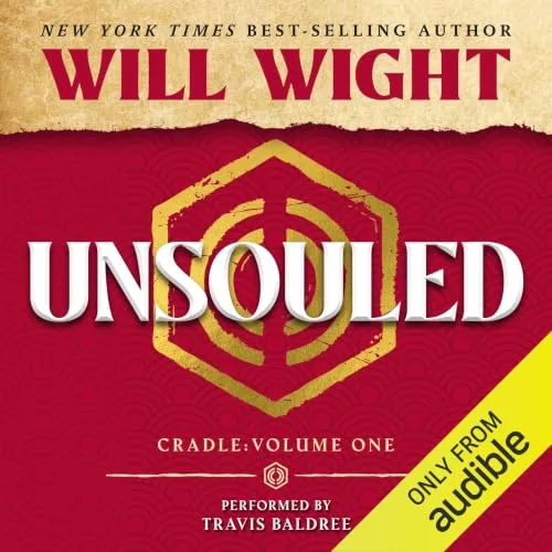 Audible cover of Unsouled, Cradle volume one, by Will Wight: a gold emblem on a red background
