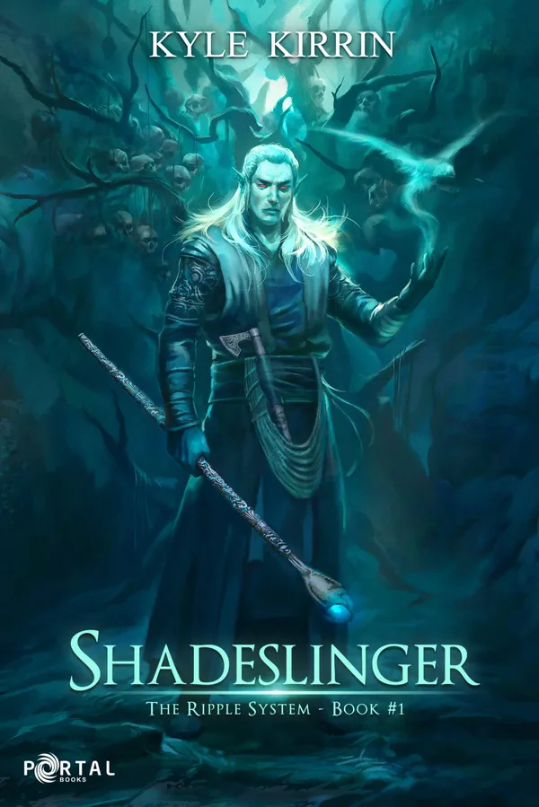 Portal Books cover of Shadeslinger, The Ripple System book 1: a pale elf in green light holding a staff, with a spectral bird behind him