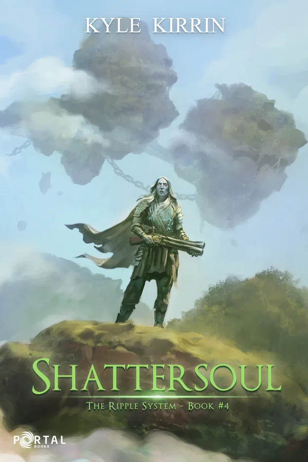 Portal Books cover of Shattersoul, The Ripple System book 4: a gunman with a cape standing on a hill under floating islands held by chains