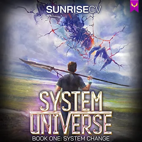 Audible cover of System Universe book one, System Change: a man with a spear looking at a giant insect creature in a stormy sky