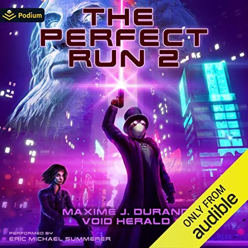 Audible cover of The Perfect Run 2: a figure in a top hat raising a glowing hand under a giant furry beast and a neon skyline