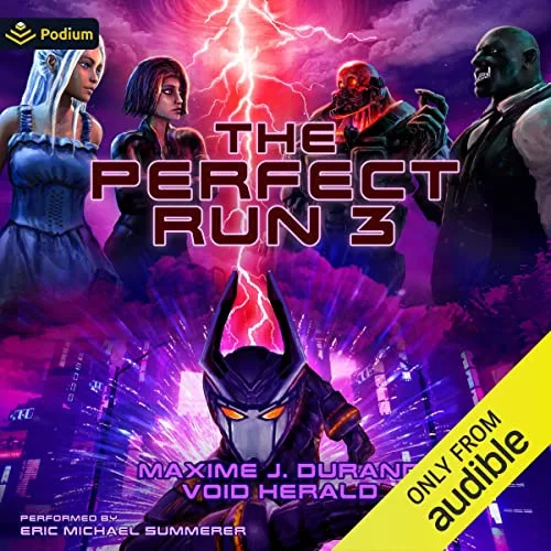 Audible cover of The Perfect Run 3: four figures above a red lightning bolt and a horned purple helmet