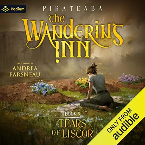 Audible cover of The Wandering Inn book 9, Tears of Liscor: a woman kneels among fresh graves covered in flowers