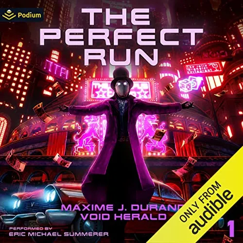 Audible cover of The Perfect Run book 1: a man in a purple suit with arms spread on a neon-lit city street
