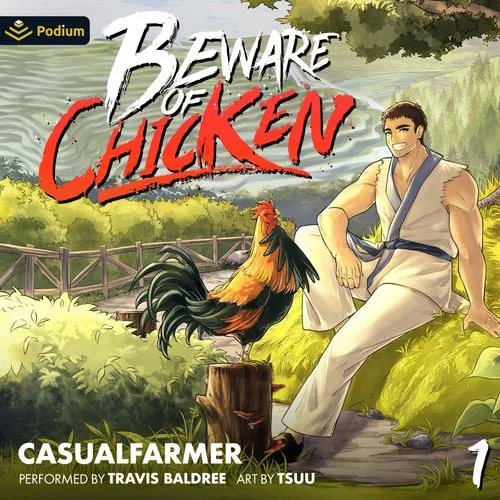 Podium audiobook cover of Beware of Chicken book 1: a smiling man in white robes sits on a grassy bank beside a rooster on a tree stump
