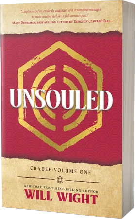 Paperback cover of Unsouled, Cradle volume one, a gold hexagon symbol on a red background