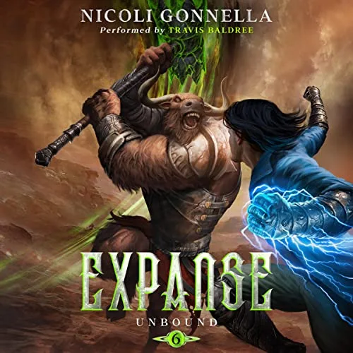 Audible cover of Expanse, Unbound book 6: a horned giant with a club swinging at a figure wreathed in blue lightning